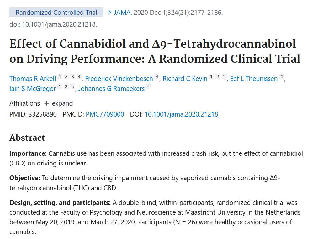 Bild der Studie: "Effect of Cannabidiol and A9-Tetrahydrocannabinol on Driving Performance: A Randomized Clinical Trial"