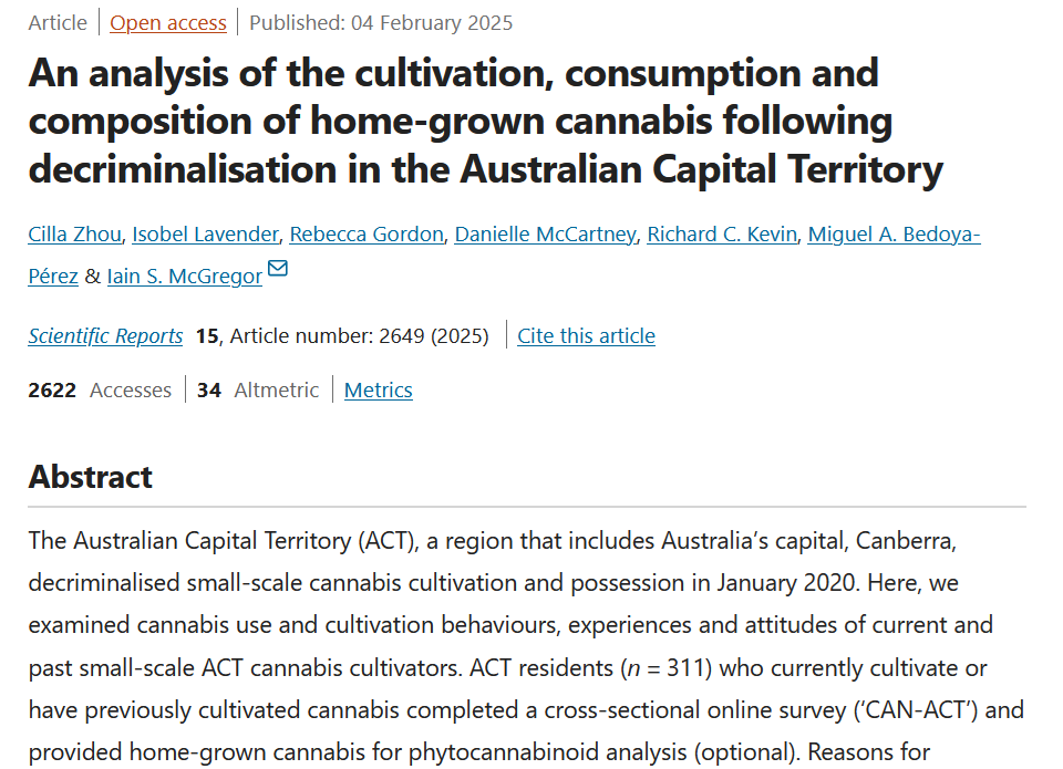 Eigenanbau von Cannabis im Australian Capital Territory: Kultivierung, Zusammensetzung und Nutzerperspektiven nach Entkriminalisierung